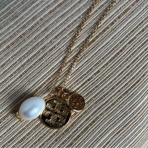 Tory Burch Pearl Double T Logo Charms Necklace 16”